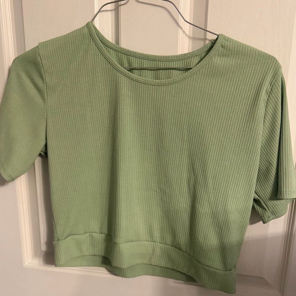 Half Tee Short Sleeved Crop Top in Sage Green, OS Plus